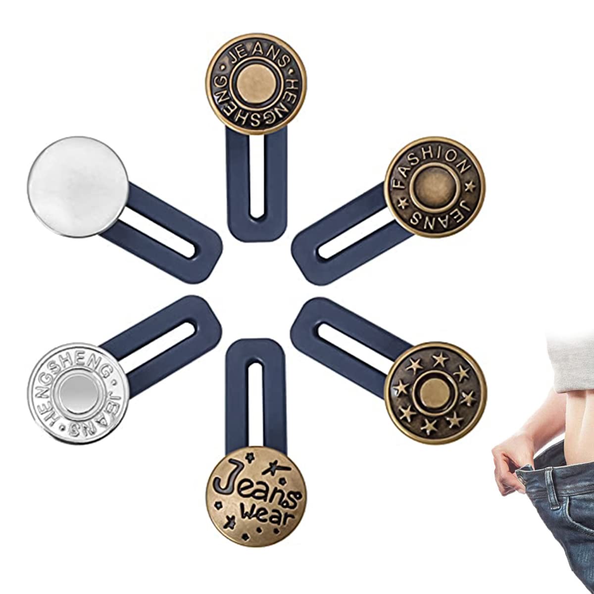 HASTHIP Pants Waist Button Extender for Jeans with Elastic Metal Buttons 6pcs | No Sew Adjustable Waistband Expander