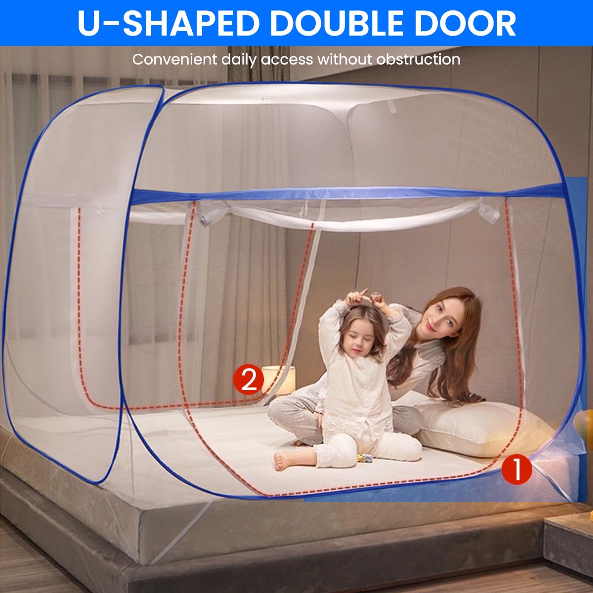 HASTHIP Pop Up Mosquito Net Tent for Double Bed with Dual Zip Doors and Mattress Straps | 6.6x5.9ft Breathable Mesh
