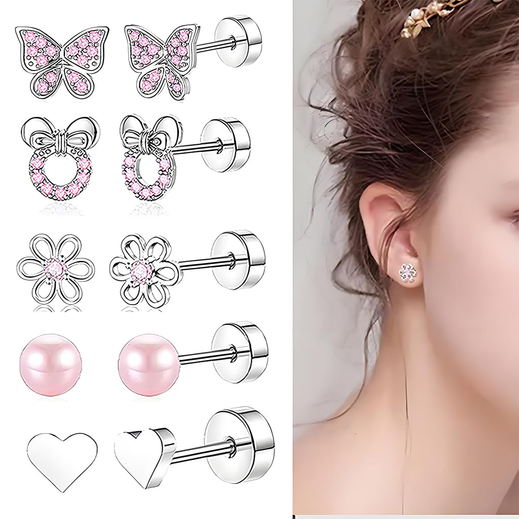 HASTHIP® 5 Pairs Hypoallergenic Screw Back Earrings for Women Girls Surgical Steel Cute Heart CZ Flower Pearl Ball Tiny Screwback Stud Earring - Pink
