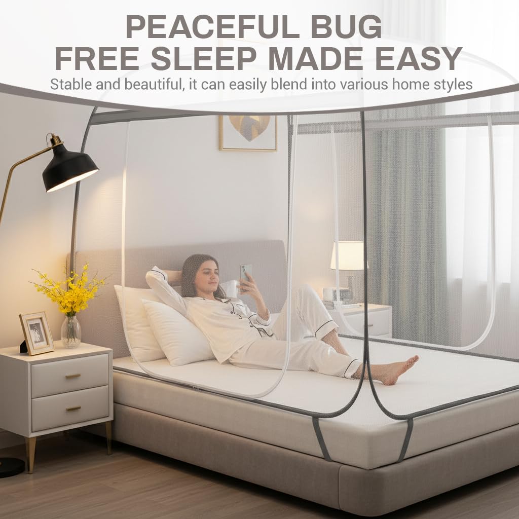 HASTHIP® Double Bed Mosquito Tent Net with Frame,Roofed Fine Mesh Canopy Mosquito Net,No Bottom Design Elastic Strap Fixation Zip-up Dual Door Pop-Up Bed for Bedroom 180x200x145cm