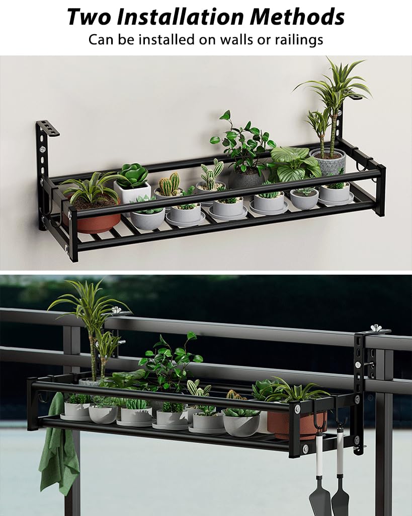 HASTHIP® Stainless Steel Hanging Rack with Hooks Balcony Railing Rack Detachable Screw Mounting 23.6 inches Multipurpose Shelf Rack Shoes Drying Rack for Balcony Metal Railing