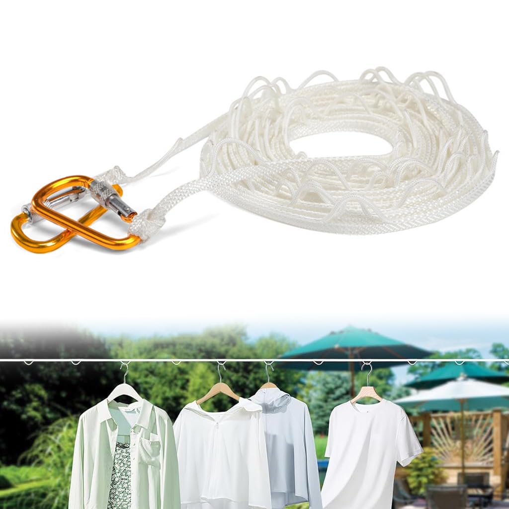 HASTHIP Clothes Drying Rope for Indoor and Outdoor Use with Metal Carabiners and Multi Hanger Loops 9.8 ft White Nylon | Windproof Design for Sheets Clothes and Bedding