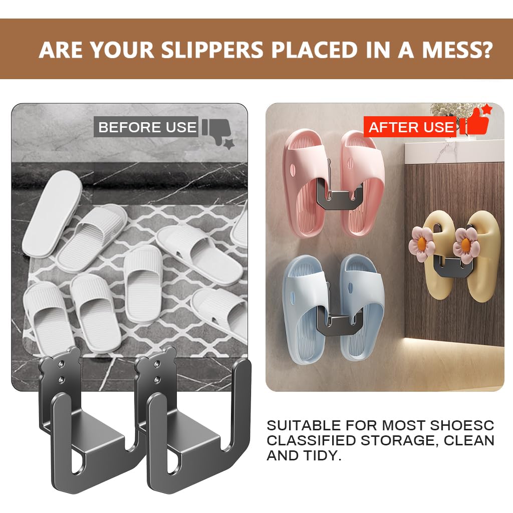 HASTHIP Slippers Holder for Bathroom with Dual Hook No Drill Adhesive Design | 2Pcs Carbon Steel Space Saver Organizer