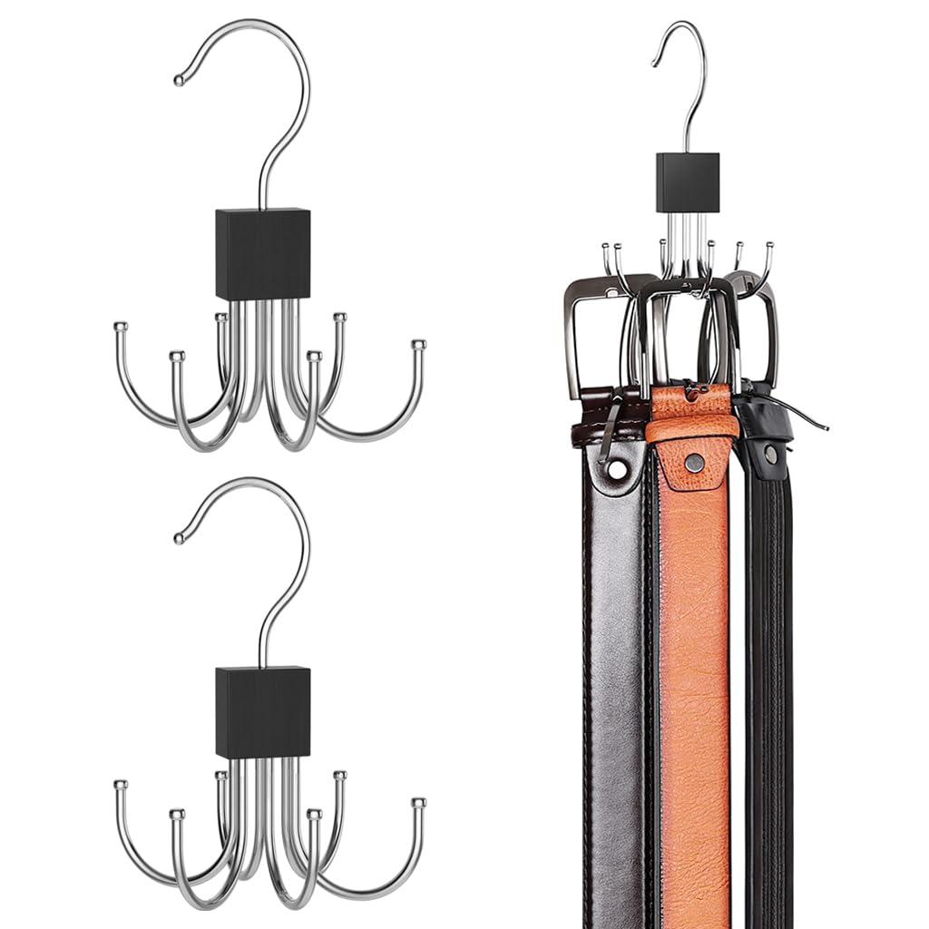 HASTHIP® Belt Hanger Organizer for Closet, Wooden Non-Slip Tie Rack with 8 Hooks, Rotating Space-Saving Belt Holder for Men Women Accessories, Scarves, Hats, Tank Tops