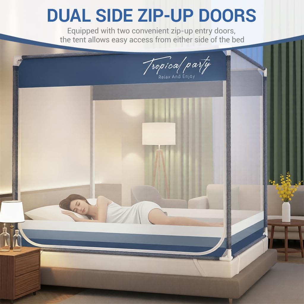 HASTHIP® Double Bed Mosquito Tent with Frame, Built in Phone Pocket & Charging Cable Open, Roofed Full Coverage Fine Mesh Mosquito Tent with Dual Side Zip-up Doors, 1.8m x 2m x 1.7m