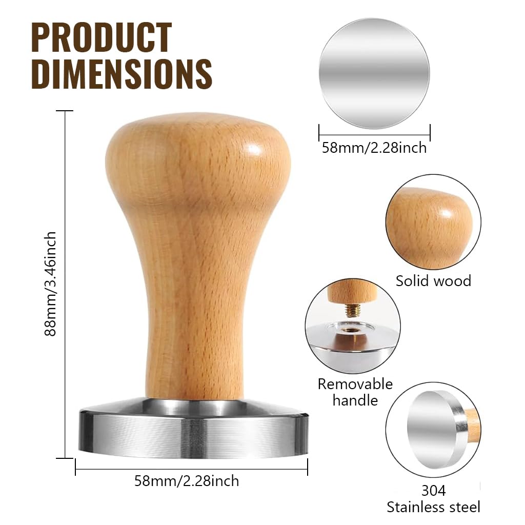 HASTHIP® 58mm Espresso Tamper Heavy Duty Stainless Steel Barista Coffee Tamper Elegant Solid Wooden Handle Espresso Tamper Espresso Tamper Coffee