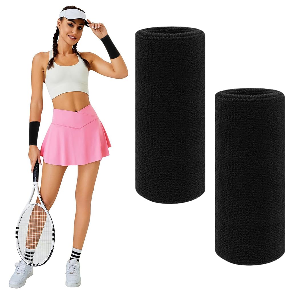 HASTHIP® 2 Pieces 6 Inch Wrist Sweatband Sports Wristbands Tennis Elastic Athletic Wristbands for Men and Women Wide Wrist Protection Band Long Size for Basketball Running-Black