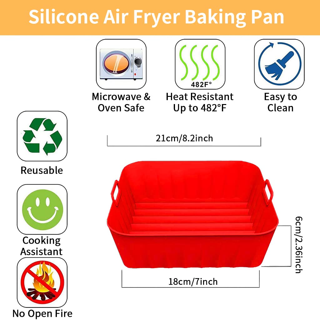 HASTHIP Air Fryer Silicone Baking Tray, 8.2 Inch Non-Stick Silicone Air Fryer Liners for 4-7QT, Reusable Square Air Fryer Oven Pot with Anti-Scalding Handles, Food Safe Air Fryers Accessories (Red)
