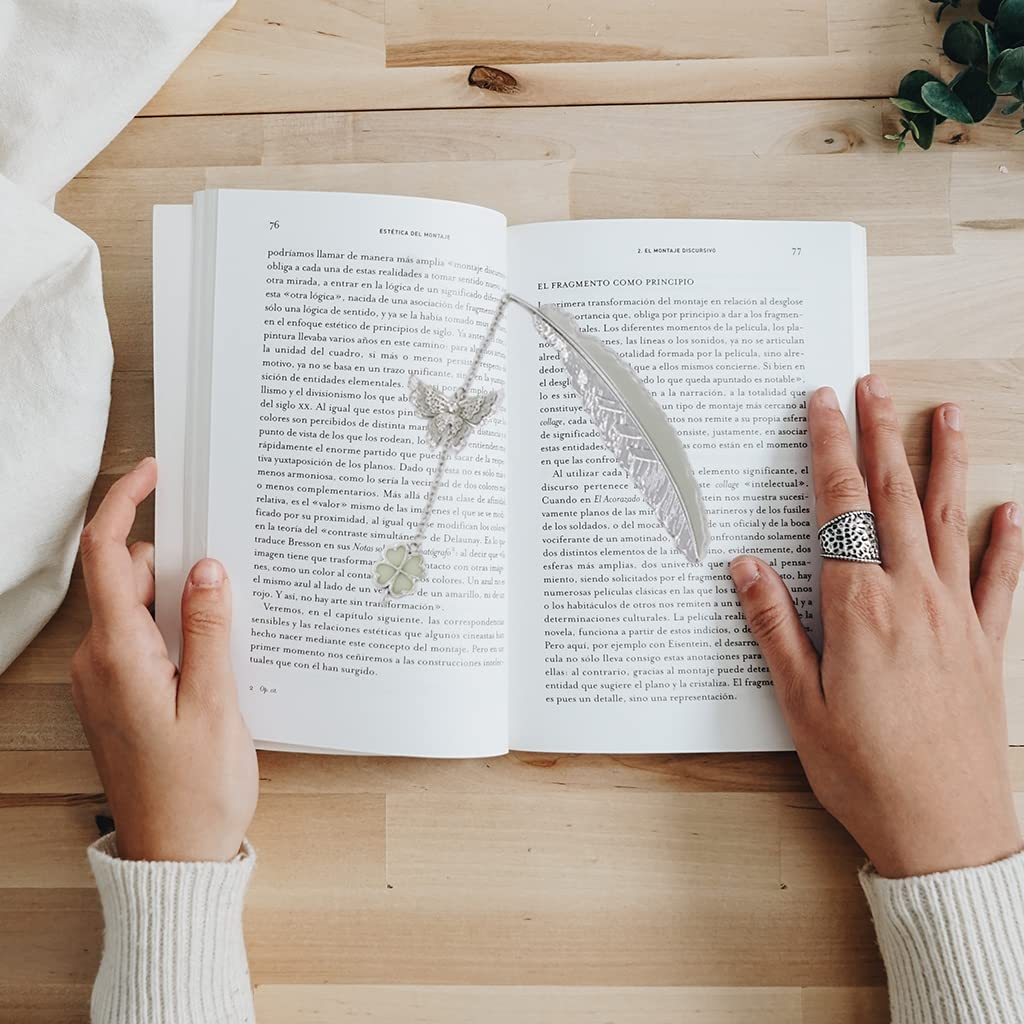 HASTHIP Metal Feather Bookmark Glow in The Dark, Bookmarks for Books, 3D Silver Butterfly Four Leaf Clover Bookmarks, Bookmark Gift for Teachers Women Student, Mothers Day, Christmas