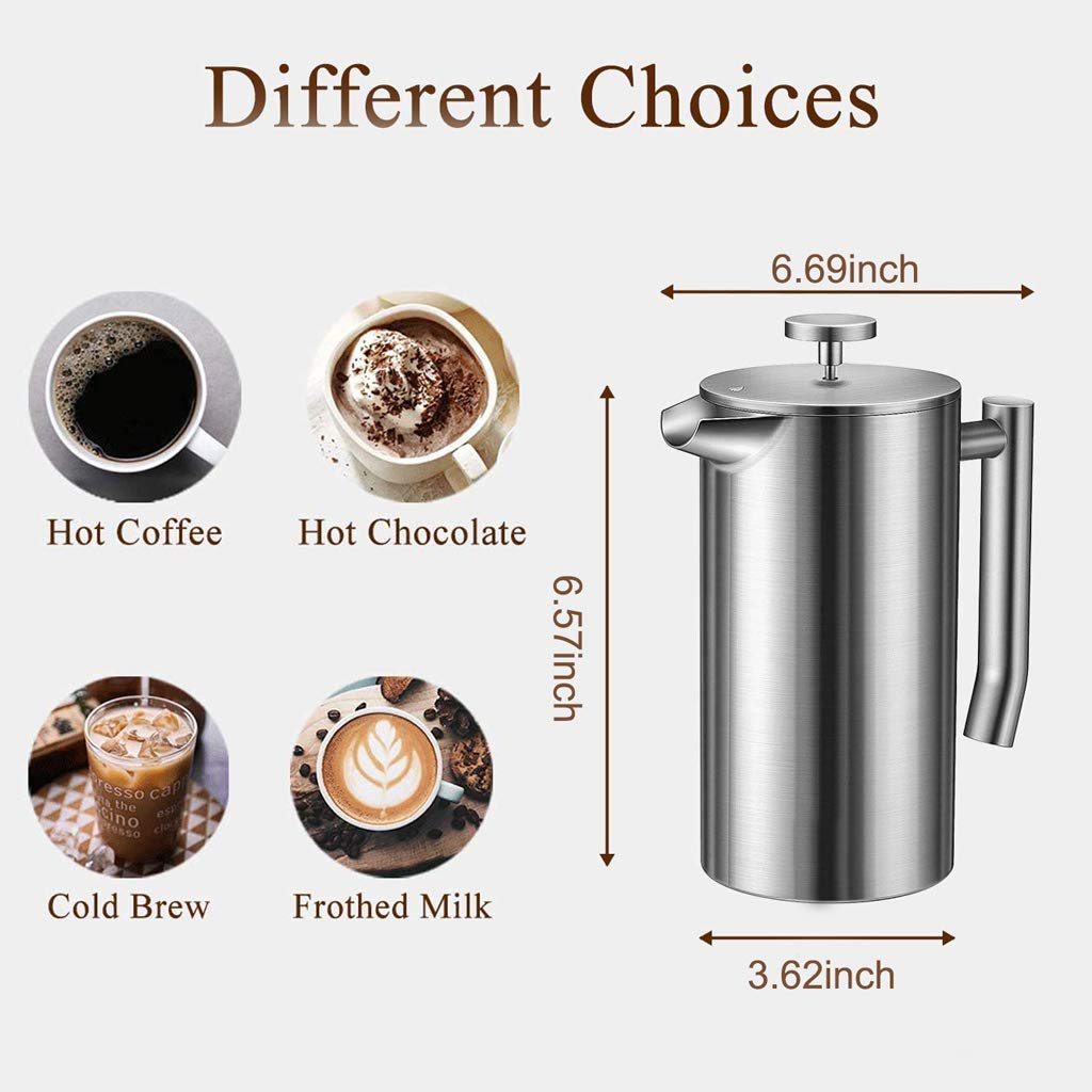 French Press Coffee Maker 800ML Double Insulated 304 Stainless Steel Coffee Maker with 4 Level Premium Filtration System, Rust-Free, Dishwasher Safe
