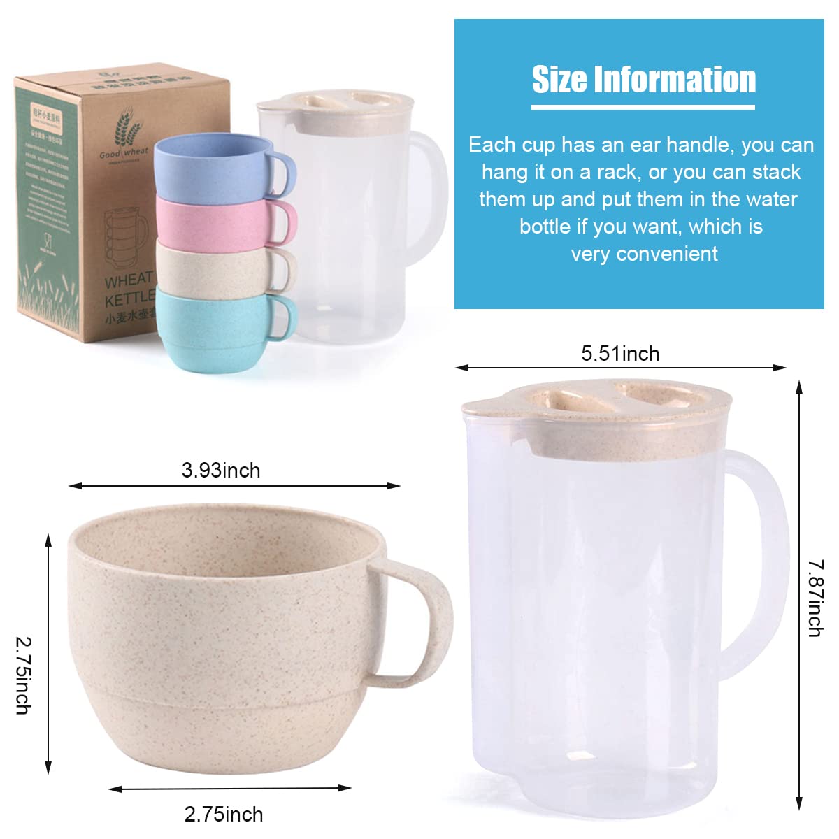 4 Pcs Unbreakable Wheat Straw Plastic Mugs with 2L Cold Water Kettle, 4 Multicolor Cups for Kids Children Toddler Adult, Dishwasher Coffee Mug for Water, Tea, Milks, Juice
