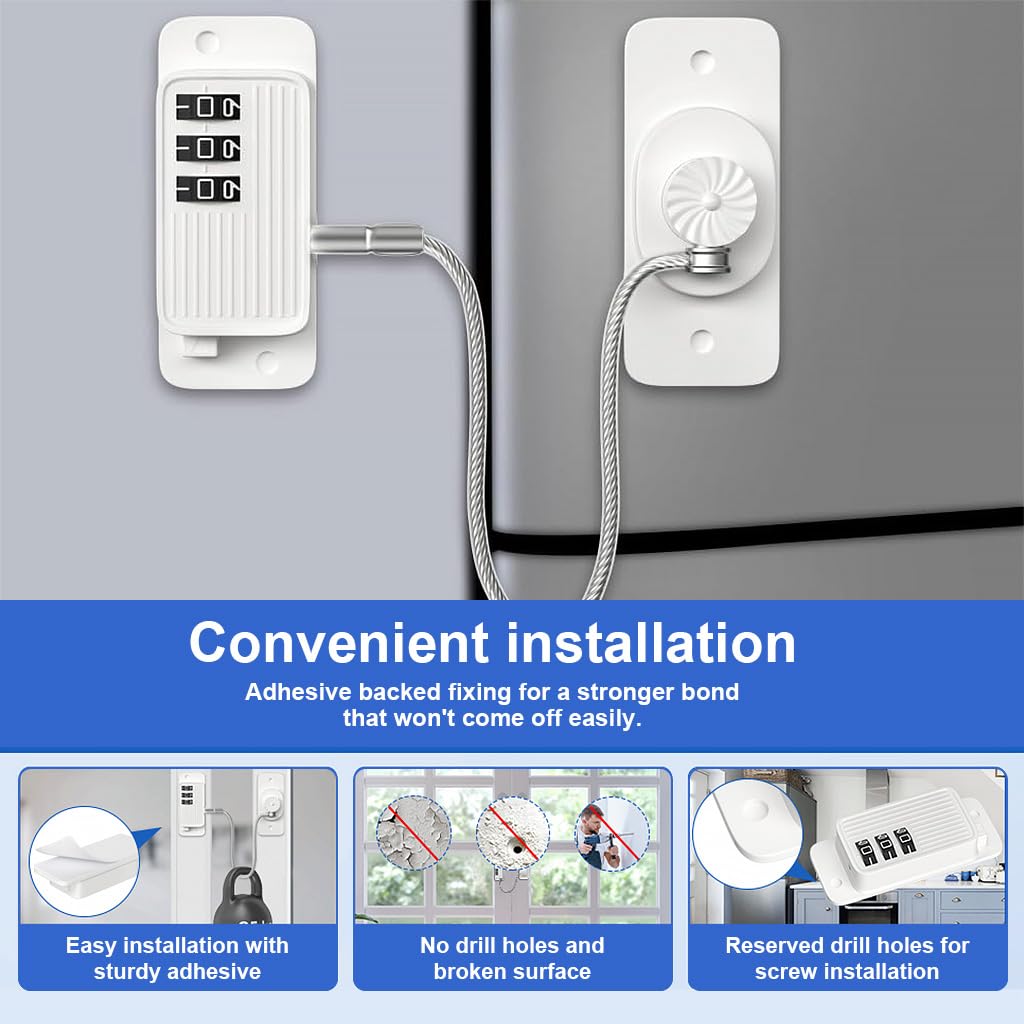 Door Lock for Kids' Safety, Fridge Lock with Password, Nail-Free Password Chain Lock, Multifunctional Cabinet Locks for Refrigerator, Cabinets and Drawers, Closets, Windows, Doors (White)