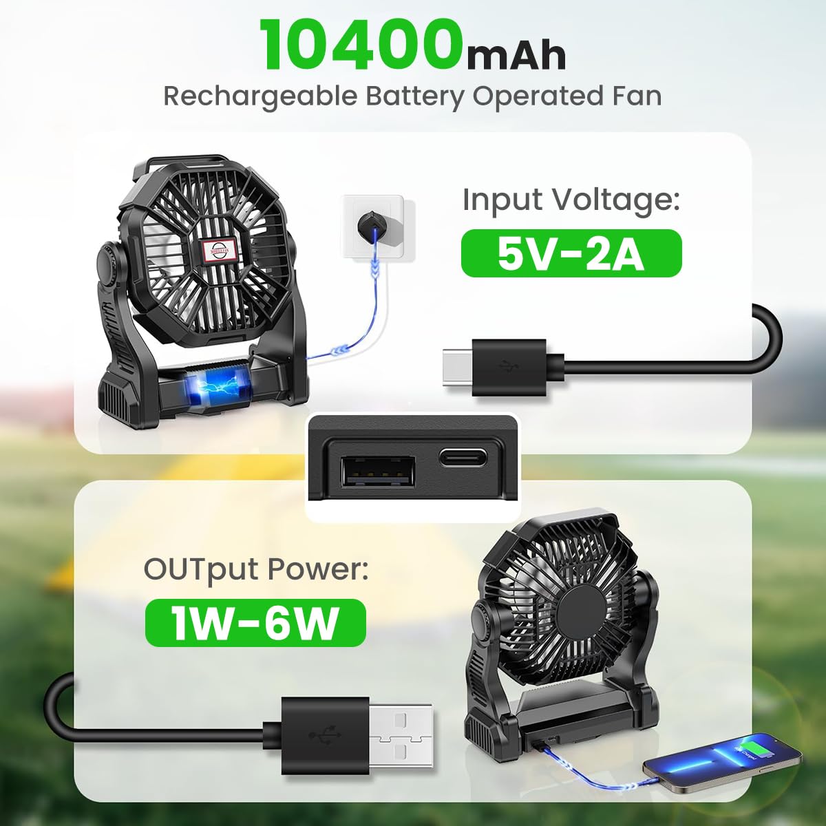 HASTHIP 3-in-1 Camping USB Fan with LED Light