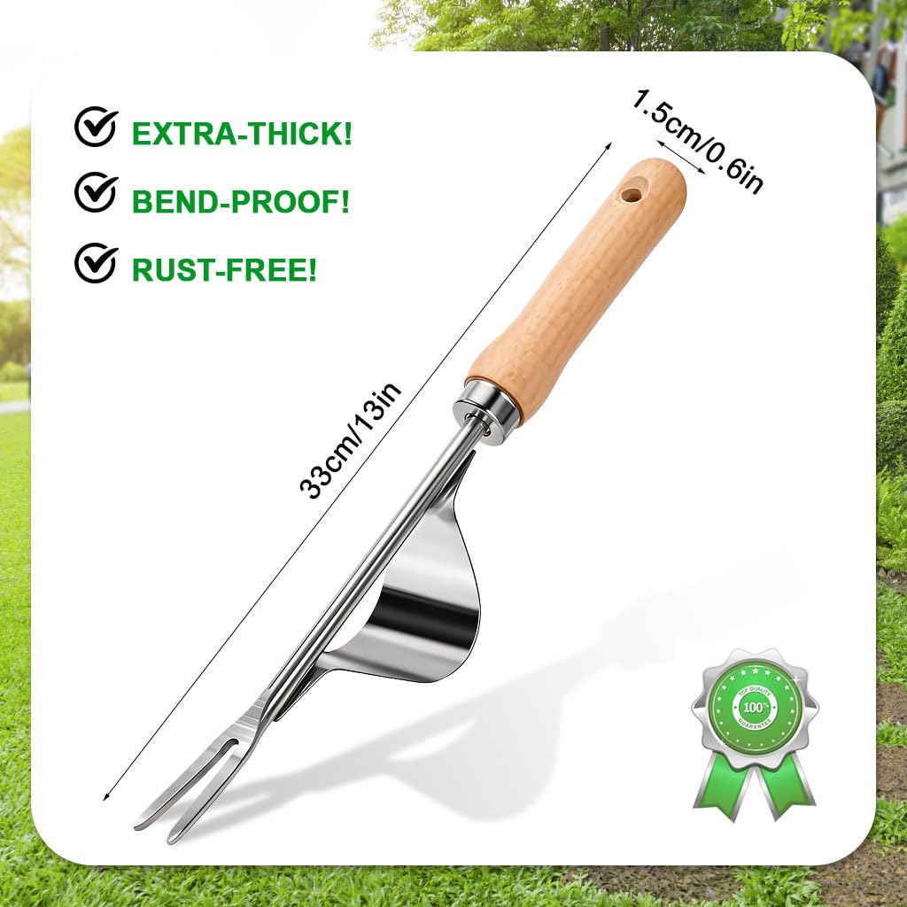 HASTHIP Gardening Weeder Tool for Multipurpose Use with 12.6 in Curved Hoe and Wooden Handle