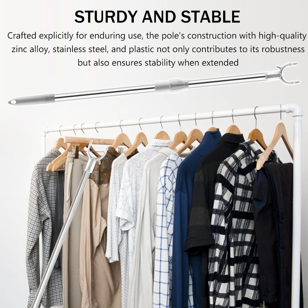 HASTHIP Retractable Clothesline Pole for Laundry with Zinc Alloy Prongs 32.6–56.2 in Adjustable Stainless Steel Rod Grey