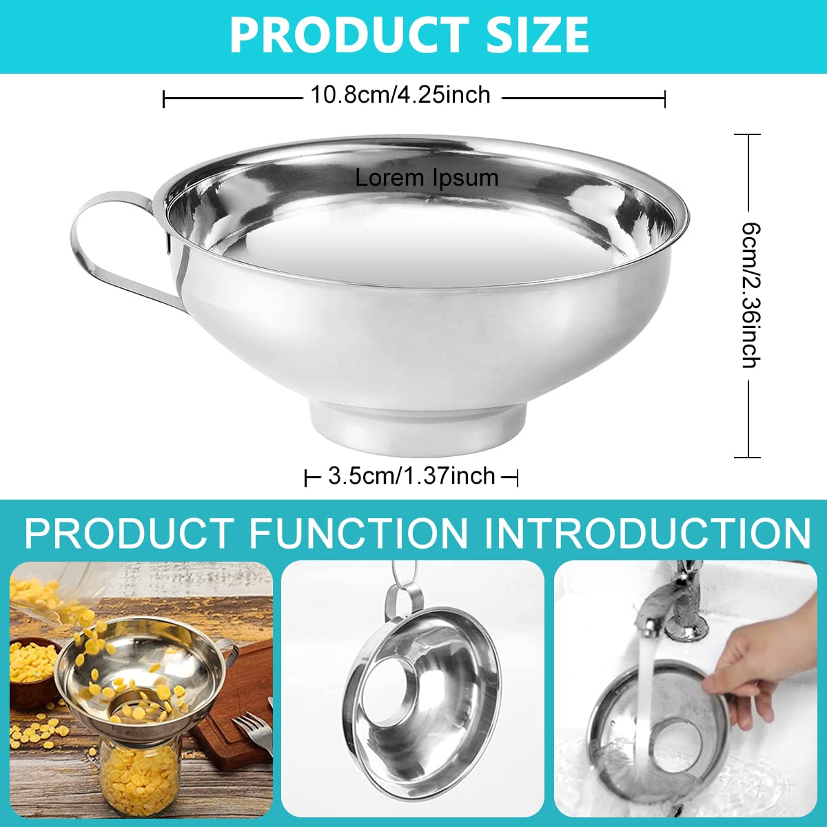 HASTHIP Canning Funnel for Kitchen Use with Handle featuring 4.3×1.4 in Wide Mouth 304 Stainless Steel