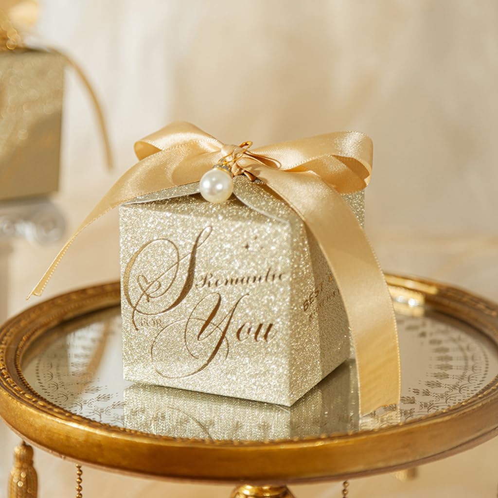 HASTHIP Small Gift Boxes for Wedding and Party Favors with Ribbon & Pearl Pin | 10pcs Gold Embossed 6.5×6.5cm Paper Boxes