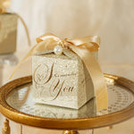 HASTHIP Small Gift Boxes for Wedding and Party Favors with Ribbon & Pearl Pin | 10pcs Gold Embossed 6.5×6.5cm Paper Boxes