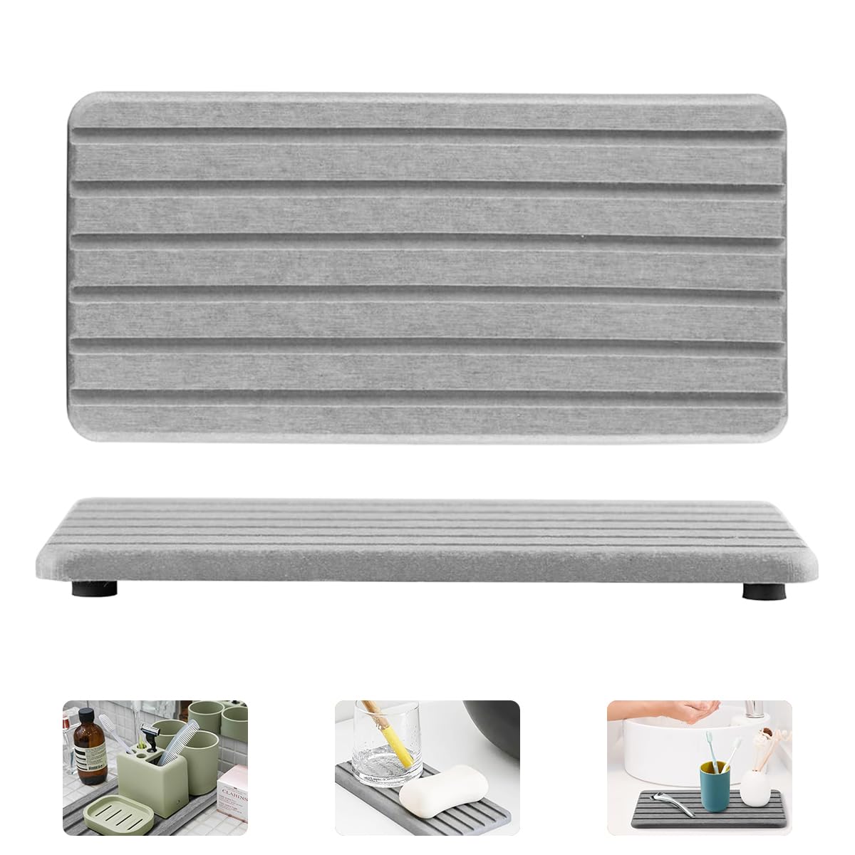 HASTHIP® Set of 2 Diatomite Soap Dishes with Drain, Water Absorbent Non-Slip Bathroom Tray, Fast Drying Rectangle Coaster for Sink, Shower, Kitchen Counter, Travel & Toiletries (Grey)