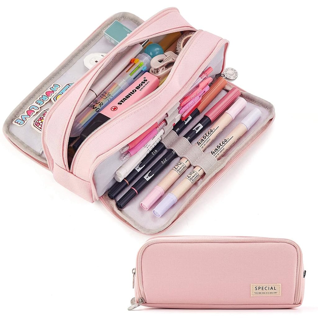 HASTHIP® Large Pencil Pouch with 8 Elastic Pen Sleeves, 3-Zipper Oxford Pencil Box, Pencil Pouch for Girls Aesthetic for School, Office, Makeup or Toiletries, 23.5x6.5x9.5 cm (Pink)