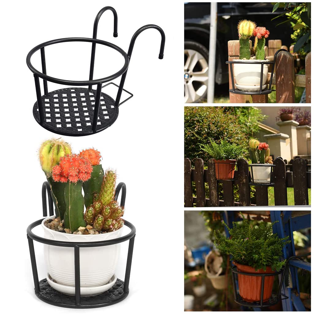 HASTHIP Flower Pot Stand for Railing Planters featuring Dual Hook Design and 8.6 in Tray | Wrought Iron Balcony Holder