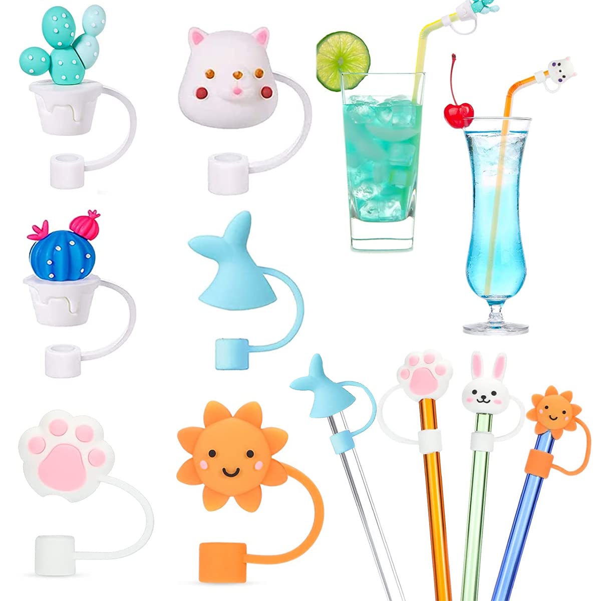 HASTHIP Silicone Straw Tips Cap for 6–8 mm Reusable Straws with Anti-Lost Loop | 6pcs Dustproof Cartoon Lids for Kids