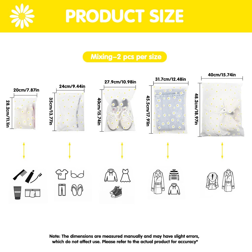 HASTHIP Clothing Storage Bags for Travel and Home with Zip Lock | 10 Pcs Matte PEVA Daisy Print