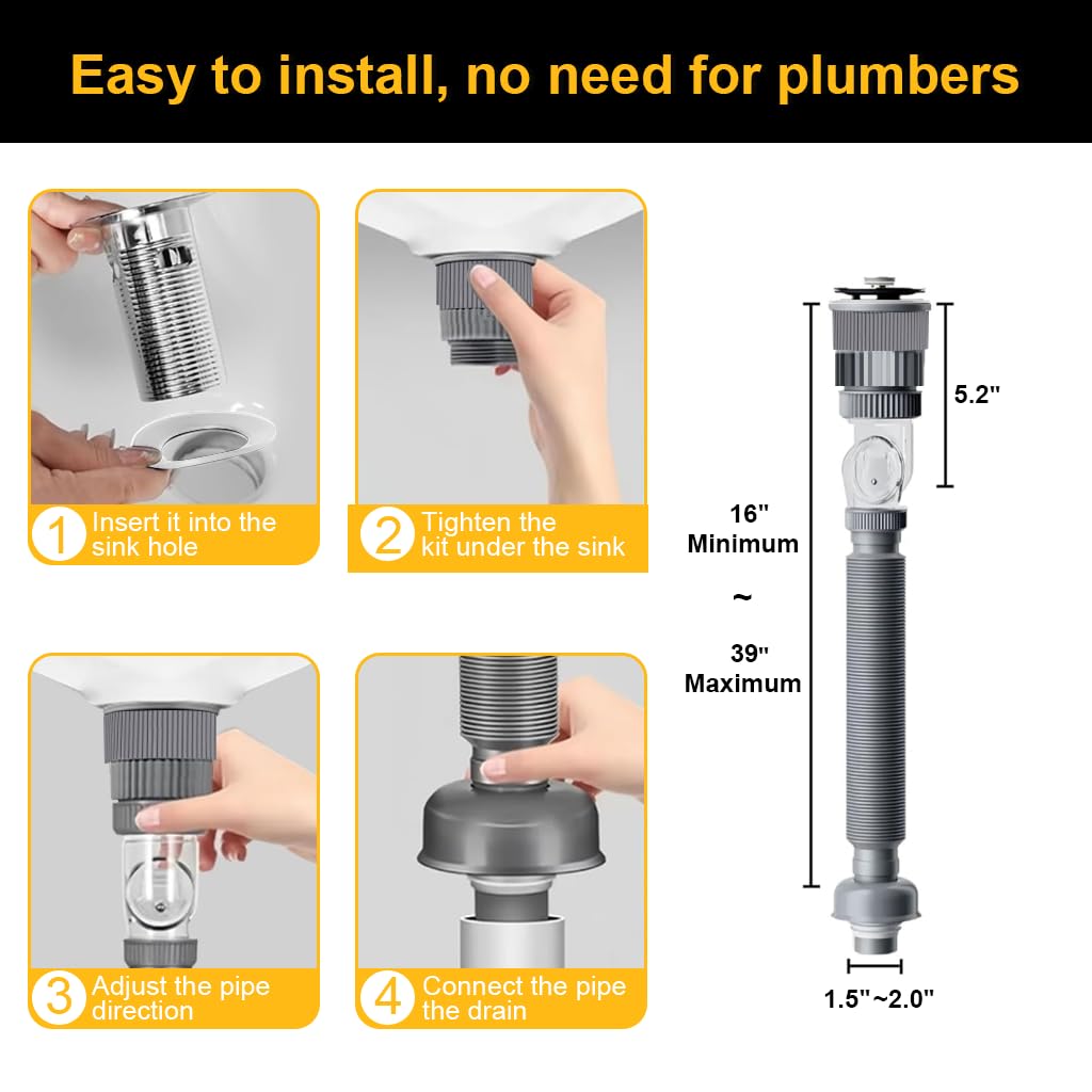 HASTHIP Sink Drain Pipe for Bathroom with 42–96cm Adjustable Length & Flexible Design | Stainless Steel Pop-Up Valve