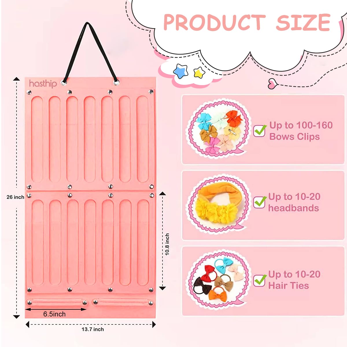 HASTHIP Hair Bows Holder for Girls with 16 Ribbons and 2 Detachable Snaps | Felt Wall Organizer