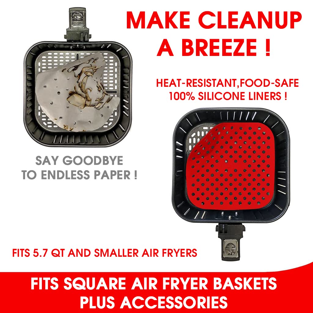 HASTHIP Air Fryer Liners for Easy Cleanup featuring 8.5 in Reusable Food‑Grade Silicone Pads | 2Pcs Red and Black Set