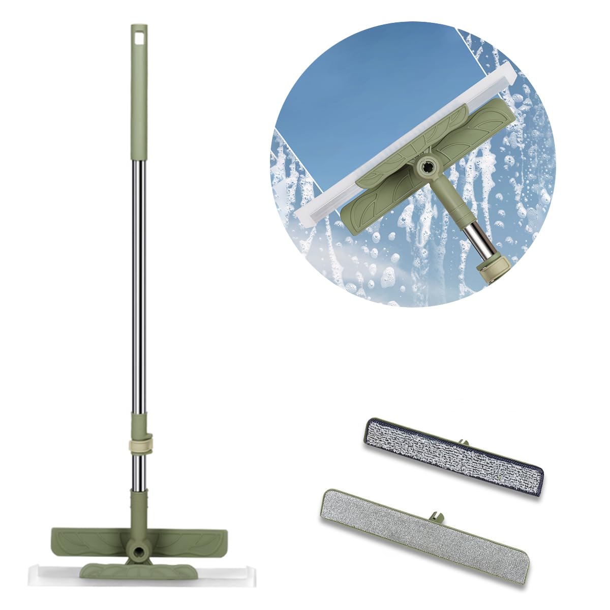 HASTHIP Window Squeegee Cleaner for Glass and Floor with 27.56–43.31 in Steel Pole featuring 180° Rotatable Head | Includes 2 Microfiber Attachments