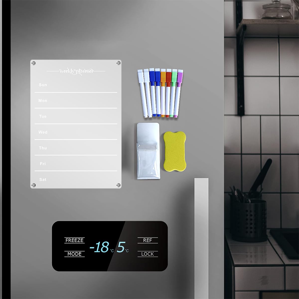 Acrylic Weekly Planner with 6 Color Pens, Magnetic Refrigerator Whiteboard, Meal Planner for Kitchen Fridge, Clear Weekly Calendar Planning Noteboard Dry Erase Board, 11.69x8.27inch