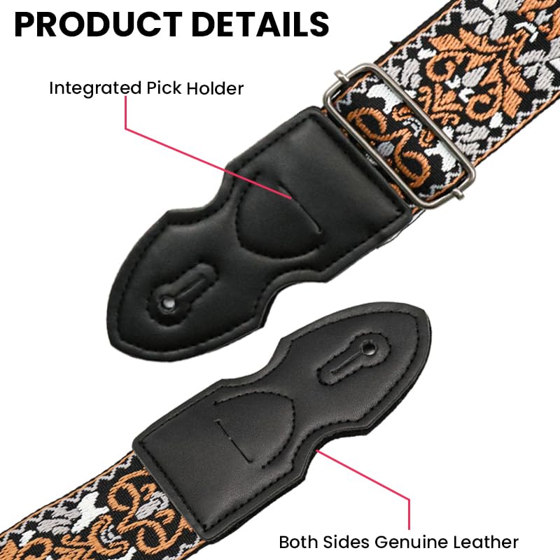 HASTHIP Guitar Strap for Acoustic, Electric and Bass Guitars with Pick Holder Slot and 85–140cm Adjustable Length | Jacquard Embroidered Cotton