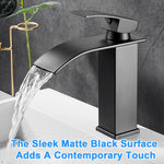 HASTHIP® Matte Black Waterfall Bathroom Faucet, Stainless Steel Single Handle Mixer Sink Faucet, Deck-Mounted Single Hole Vanity Faucet with Curved Spout, Modern Lavatory Basin Tap