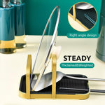 HASTHIP Spoon Rest Pot Lid Holder for Kitchen Organization with Detachable Drain Tray 20x13.8x11.5cm featuring Metal Dual Golden Black Design