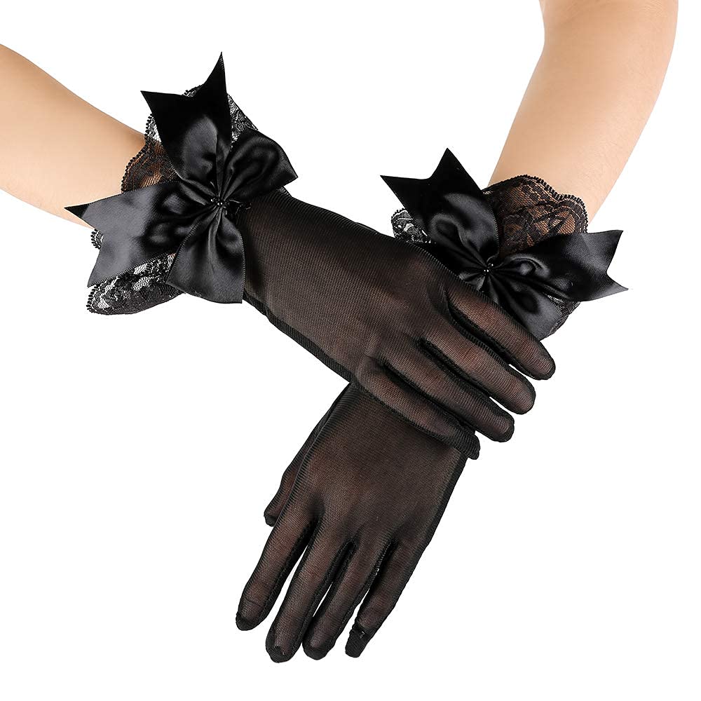 HASTHIP® Guantes de Encaje para Mujer,Guantes Cortos Elegantes de Fiesta,Novia Negros con Lazo para Boda Ópera Baile y Ceremonia