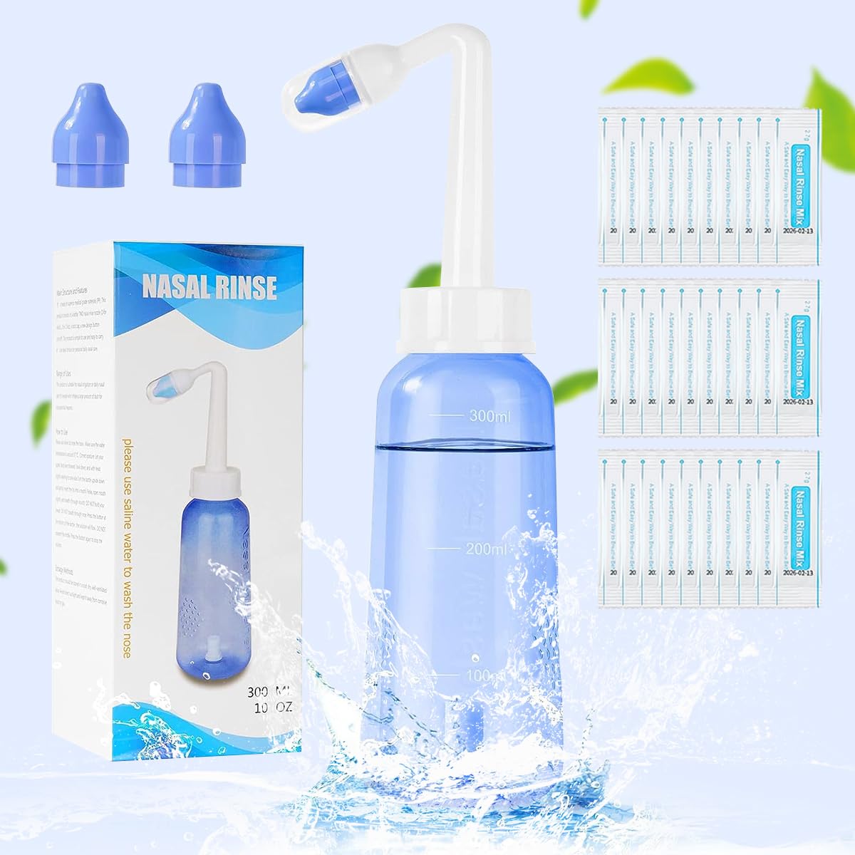 HASTHIP® 300ML Jal Neti Pot for Sinus Rinse Bottle Nasal Wash Nasal Irrigation with 2 Nozzles & 30 Packs Nasal Wash Saline(2.7g/Per Pack), Nose Cleaner Washing Bottle for Adult & Kid Travel Essentials