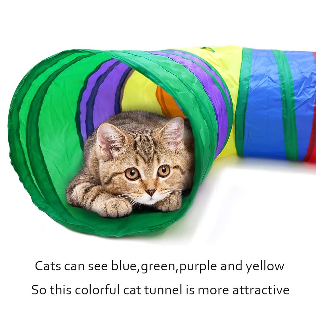 HASTHIP® Juguete Túnel para Gatos 3 en 1 Arcoíris Plegable con Papel Crujiente y Pelota,Tubo Interactivo para Mascotas Pequeñas,Ejercicio Escondite y Entrenamiento Interior Exterior