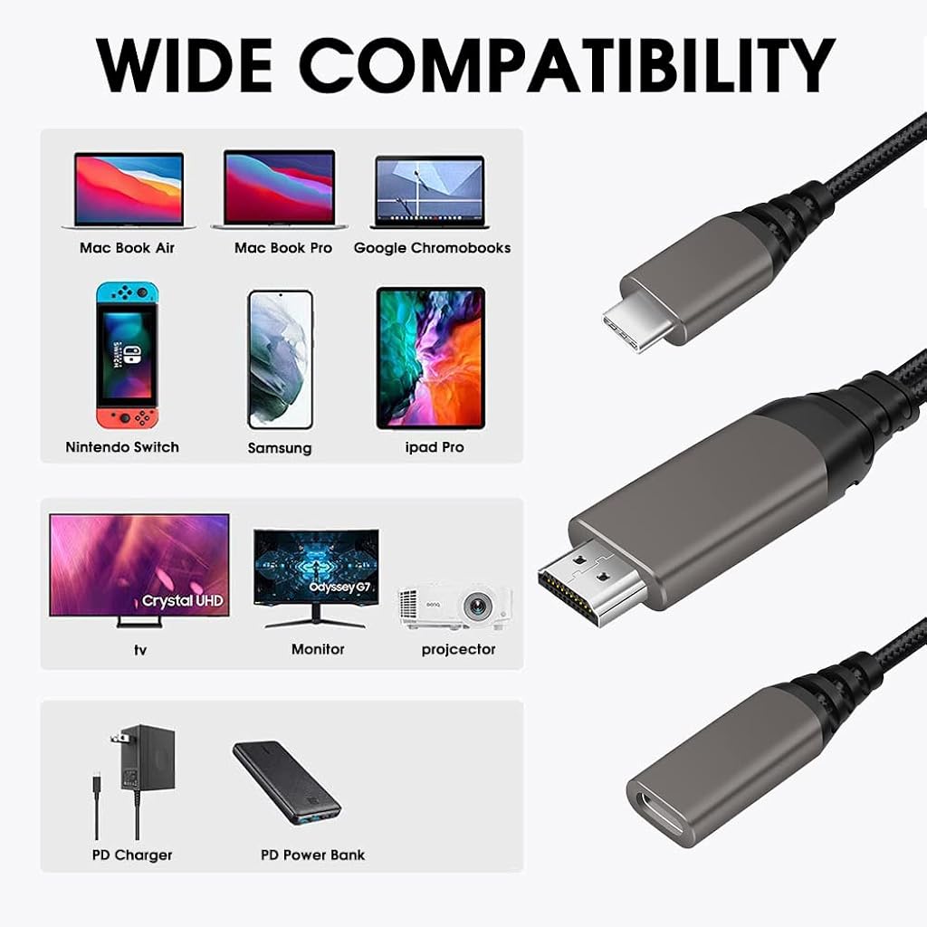 HASTHIP® USB C to HDMI Cable 6FT,4K@30Hz USB C to HDMI Adapter with 60W PD Charging,HDR High-Speed Compatible with MacBook Pro/Air Samsung Galaxy S23/S22/S10/S9 Switch Dell XPS LG More