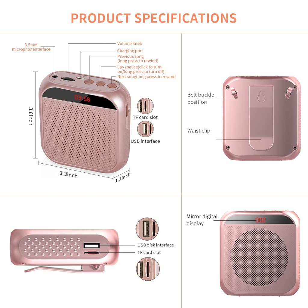 HASTHIP® YourBrand Voice Amplifier, Portable Microphone Headset Speaker System for Teachers, 2200mAh Rechargeable Battery, Bluetooth, TF Card/USB Playback, 3.5mm Aux, Lightweight, Clear Sound, for