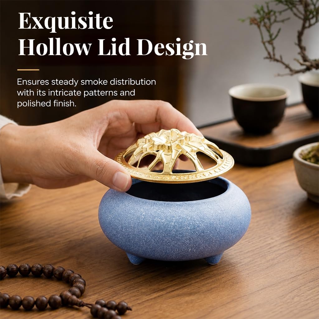 HASTHIP Blue Ceramic Incense Burner with Floral Lid, Mesh Insert and Protective Pad