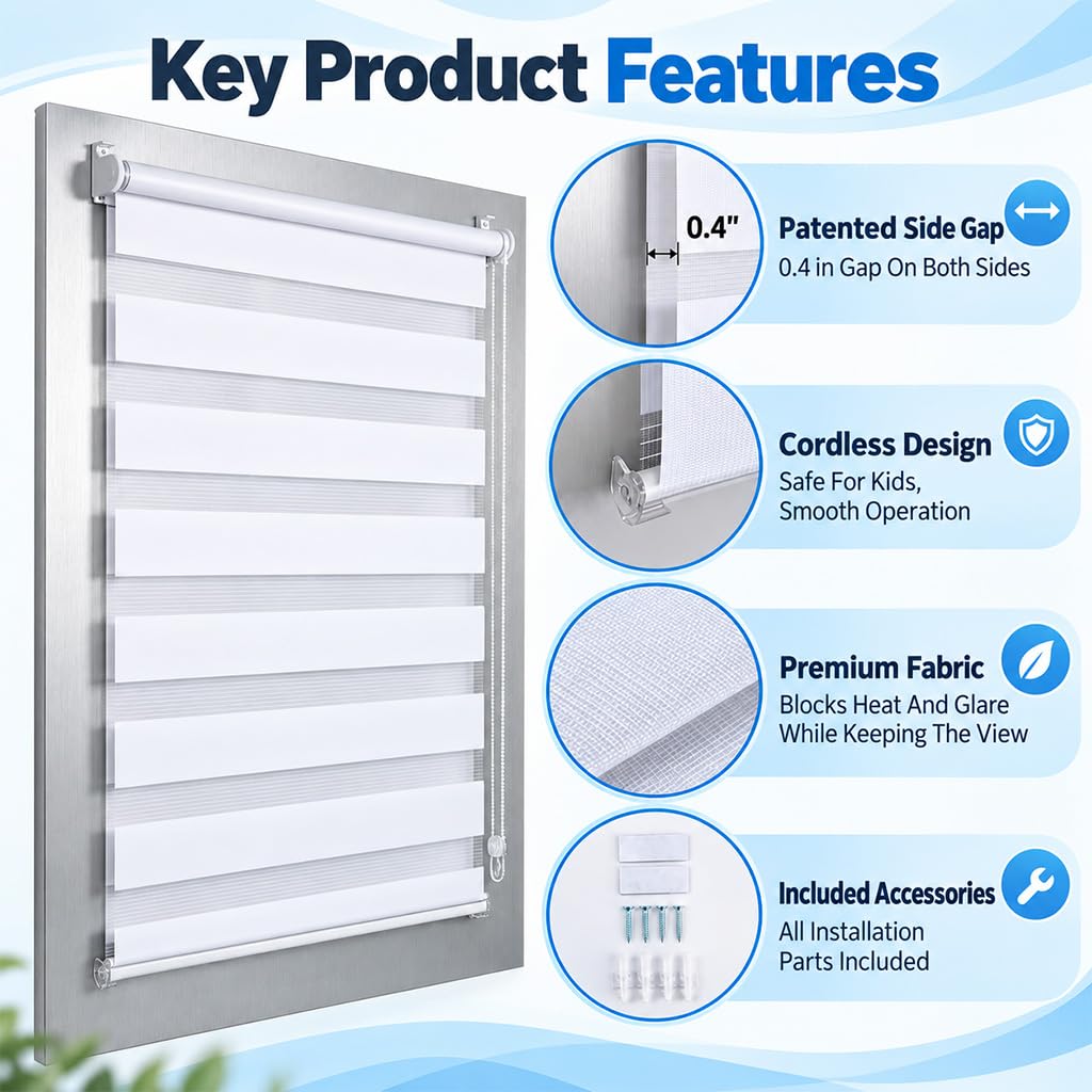 HASTHIP 27 x 51-Inch Cordless Zebra Blind for Windows, Double-Layer White Light Control