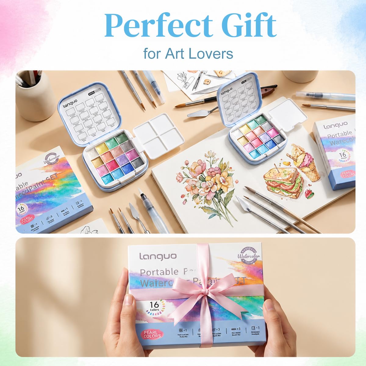 HASTHIP Mini Watercolor Paint Set, 16 Colors, Pocket Kit with 300GSM Cotton Paper and 4 Brushes