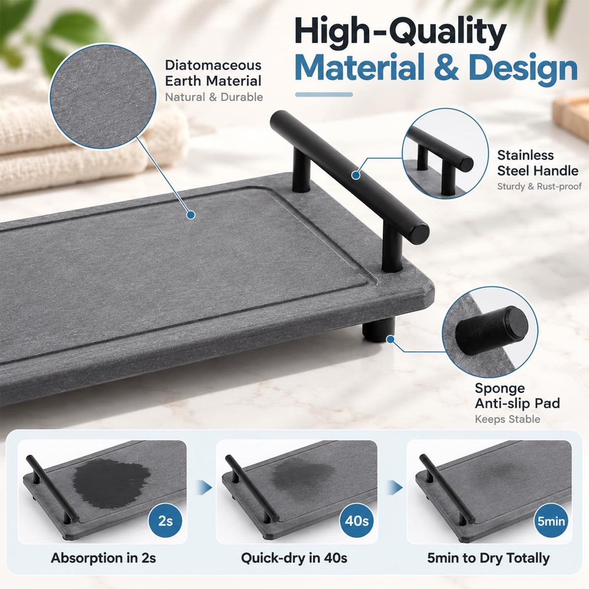 HASTHIP Diatomaceous Earth Sink Caddy, Fast-Drying Dark Grey Tray for Kitchen and Bathroom
