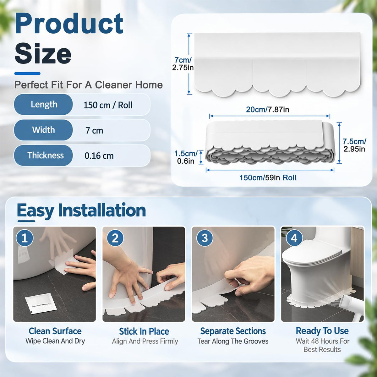 HASTHIP 1.5m PVC Bathroom Gap Sealing Tape with 90-Degree Crease and Acrylic Adhesive