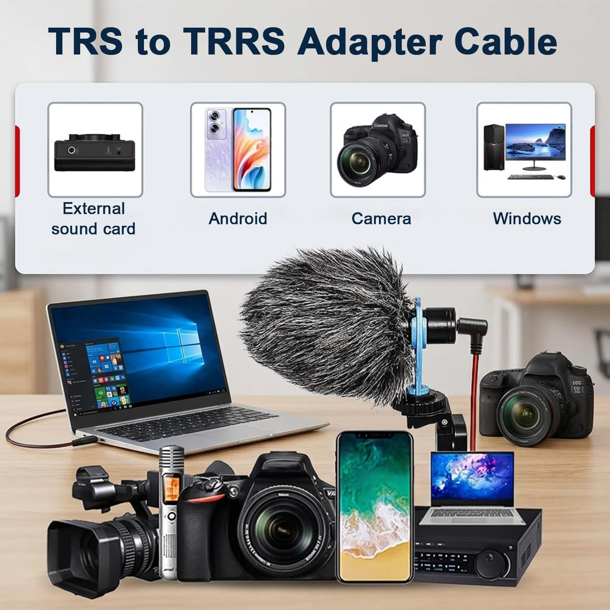 HASTHIP TRS to TRRS Microphone Cable with Coiled Cord and Gold-Plated Connectors for Recording