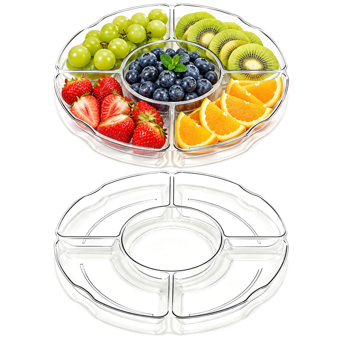 HASTHIP Clear Plastic Divided Serving Tray Set, 2 Pieces with Five Compartments and Drainage Holes