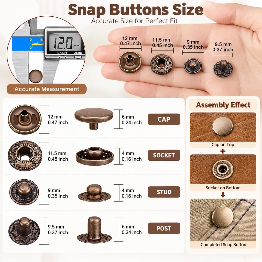 HASTHIP Metal Snap Fastener Kit, 120 Sets of 12.5 mm Snaps in 4 Finishes with Setting Tools and Hammer