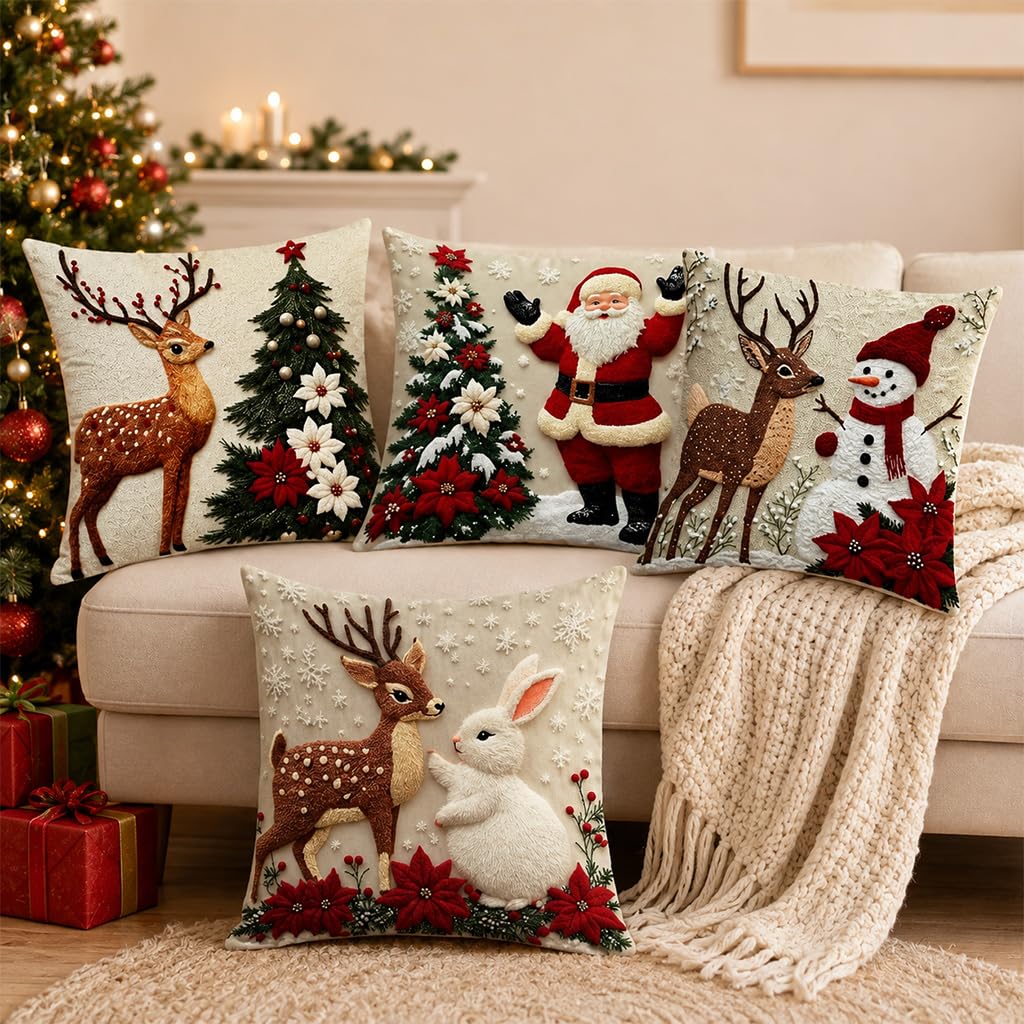 HASTHIP Christmas Cushion Covers, Set of 4, 45 x 45 cm, with Reindeer, Santa and Snowman Prints
