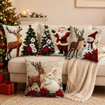 HASTHIP Christmas Cushion Covers, Set of 4, 45 x 45 cm, with Reindeer, Santa and Snowman Prints